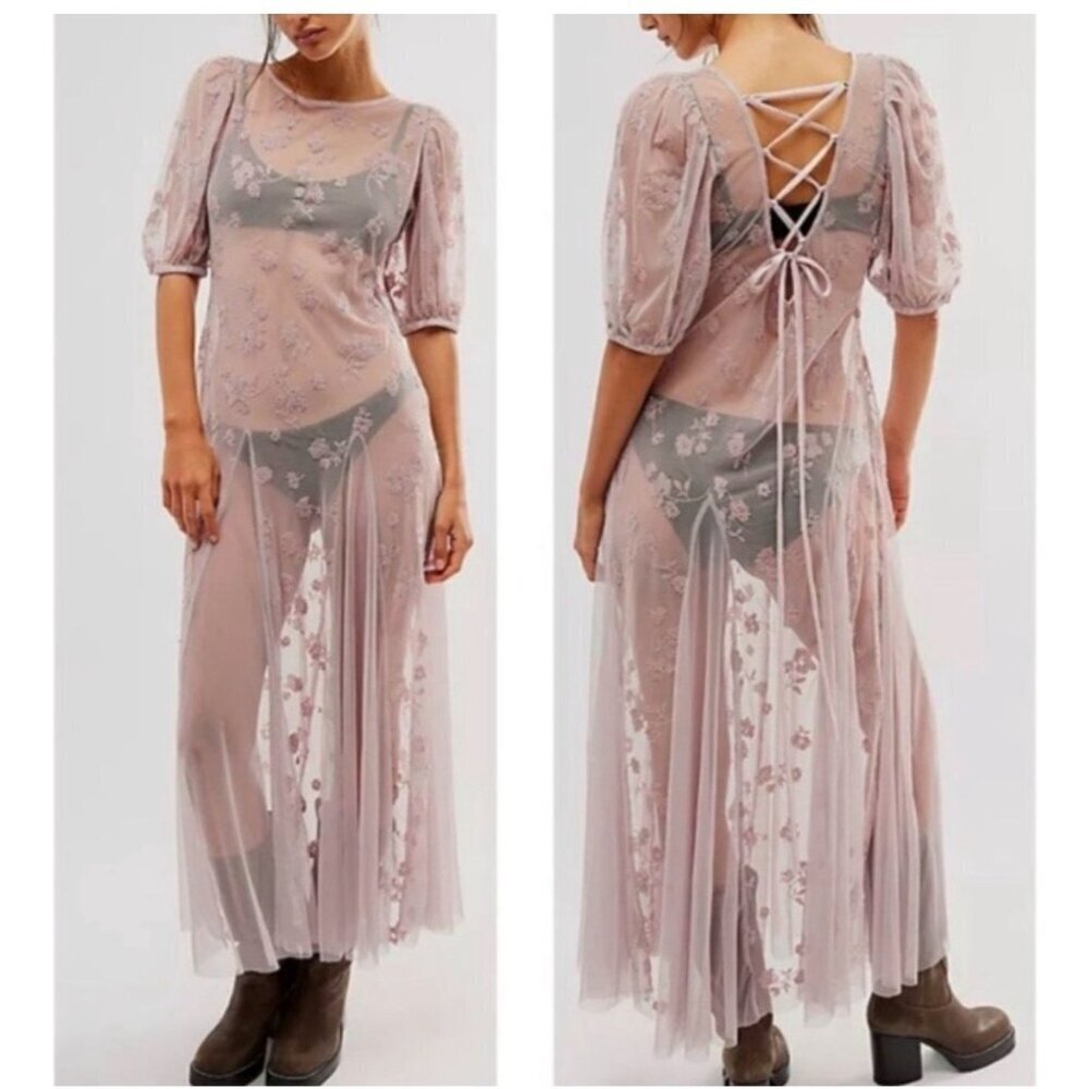 Free People Viola Sheer Floral Velvet Burnout Beaded Maxi Dress Violet Large